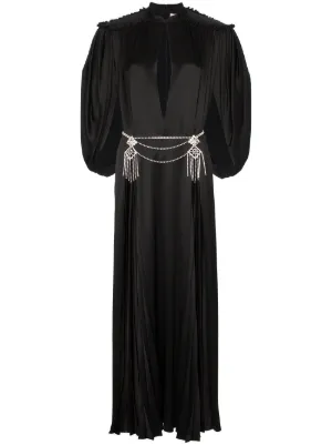 Cape Sleeve Open Front Crystal Embellished Belted Gown