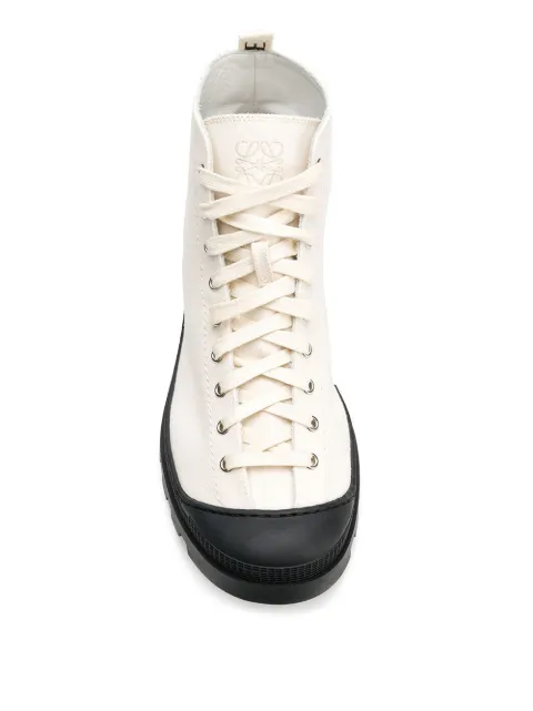 loewe logo print canvas trimmed leather ankle boots