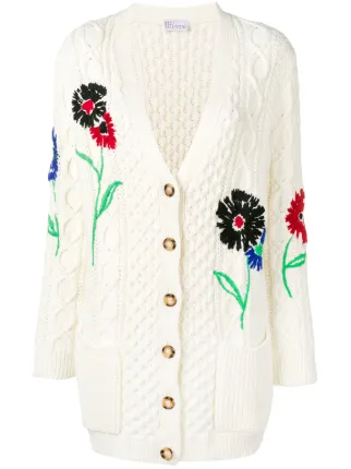R.E.D. VALENTINO アイボリー レース編み カーディガン RED Valentino floral-embroidered cable-knit Cardigan | White
