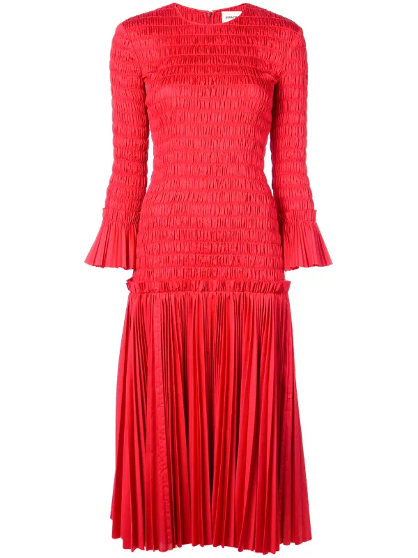 red ruched midi dress