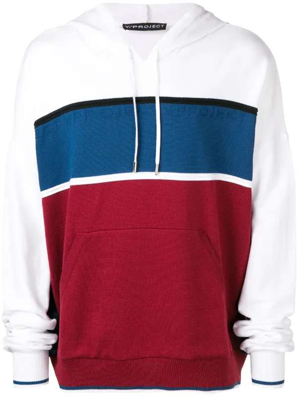 red hoodie with white stripes on sleeves