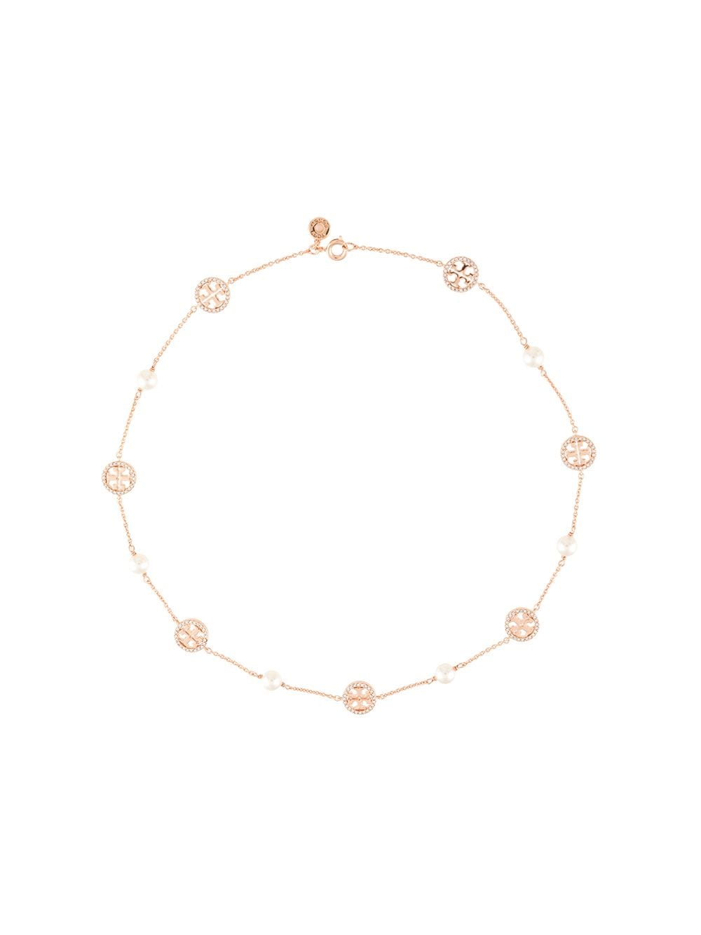 TORY BURCH CRYSTAL PEARL LOGO NECKLACE