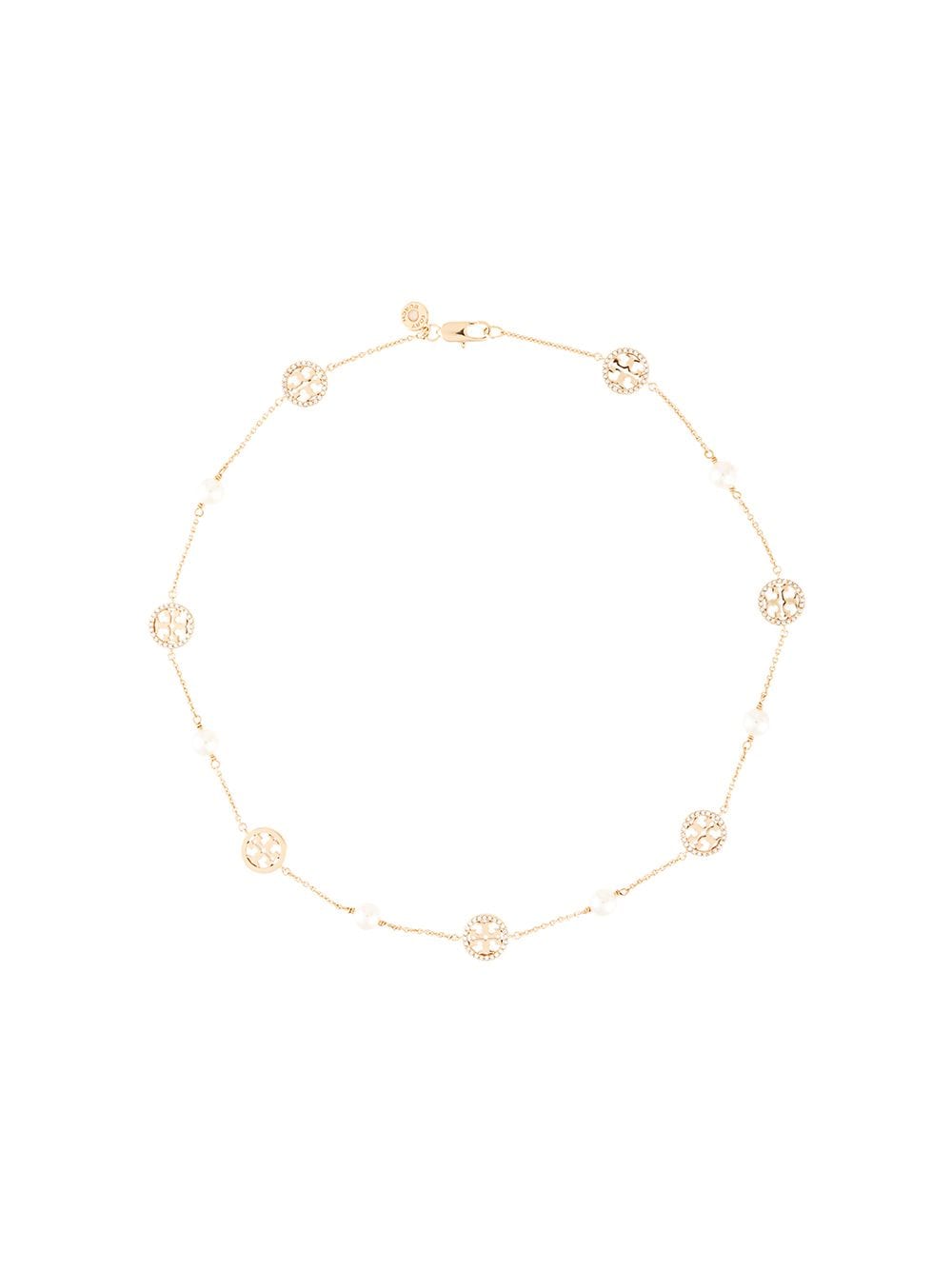 TORY BURCH CRYSTAL PEARL DELICATE LOGO NECKLACE