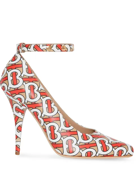 Click to view more detailed imagery on our partner's website Burberry Triple Stud Monogram Print Leather Point-toe Pumps In Tawny
