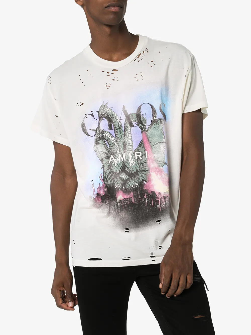 AMIRI AMIRI CHAOS LOGO PRINT DISTRESSED COTTON T-SHIRT