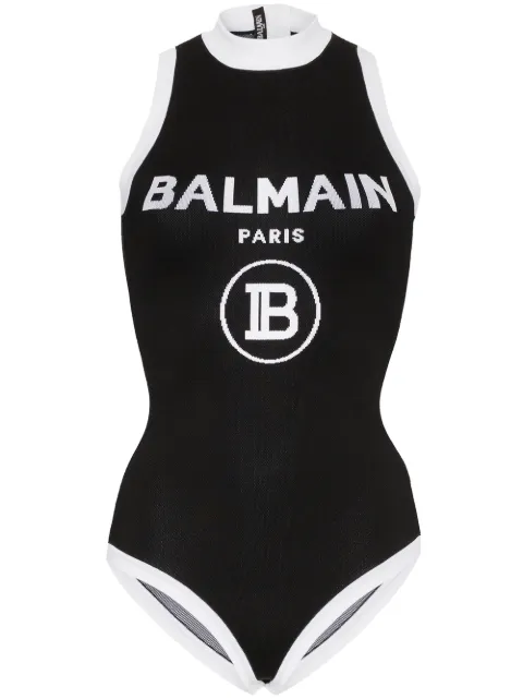Click to view more detailed imagery on our partner's website Balmain Black Women's High Neck Logo Bodysuit In Noir