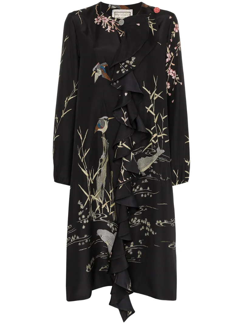 By Walid Tops BY WALID 'EDITH' RÜSCHENKLEID MIT NATUR-PRINT - SCHWARZ