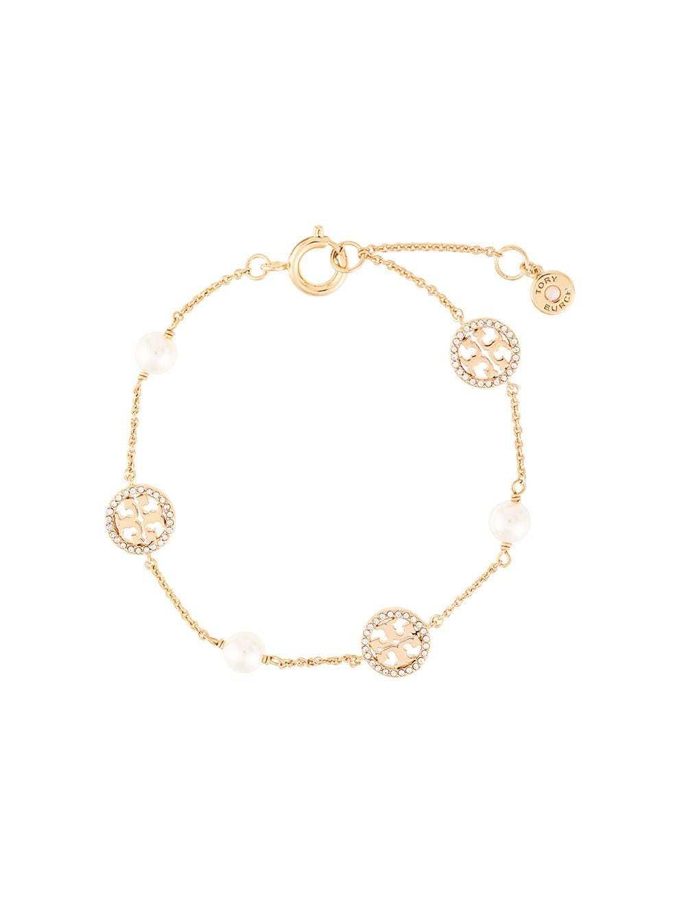 Shop Tory Burch Crystal Pearl Delicate Logo Bracelet In Gold