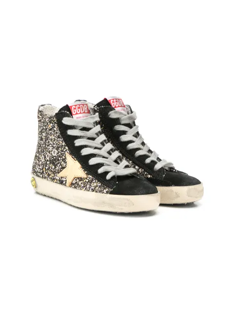 Click to view more detailed imagery on our partner's website Golden Goose Kids' Glittered High Top Trainers In Gold