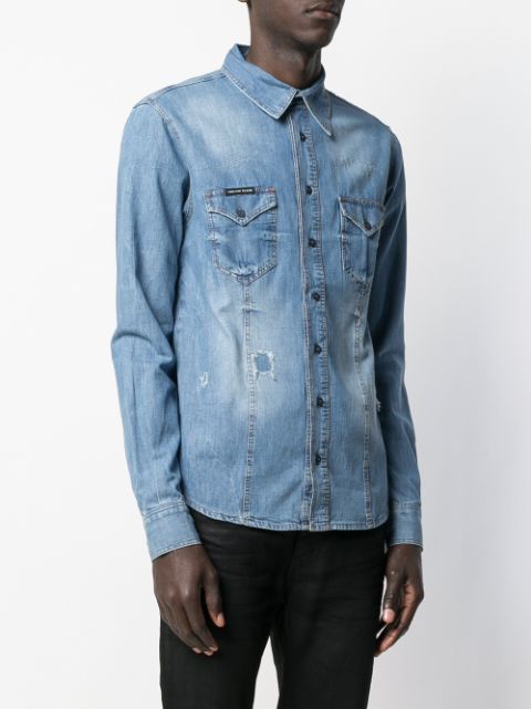 Shop blue Philipp Plein distressed denim shirt with Express Delivery ...