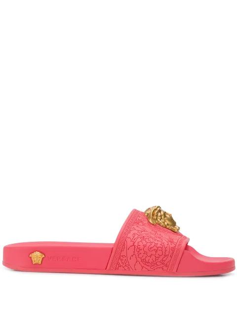 Click to view more detailed imagery on our partner's website Versace Palazzo Medusa Pool Slide Sandals In Ksaot Rosa Oro