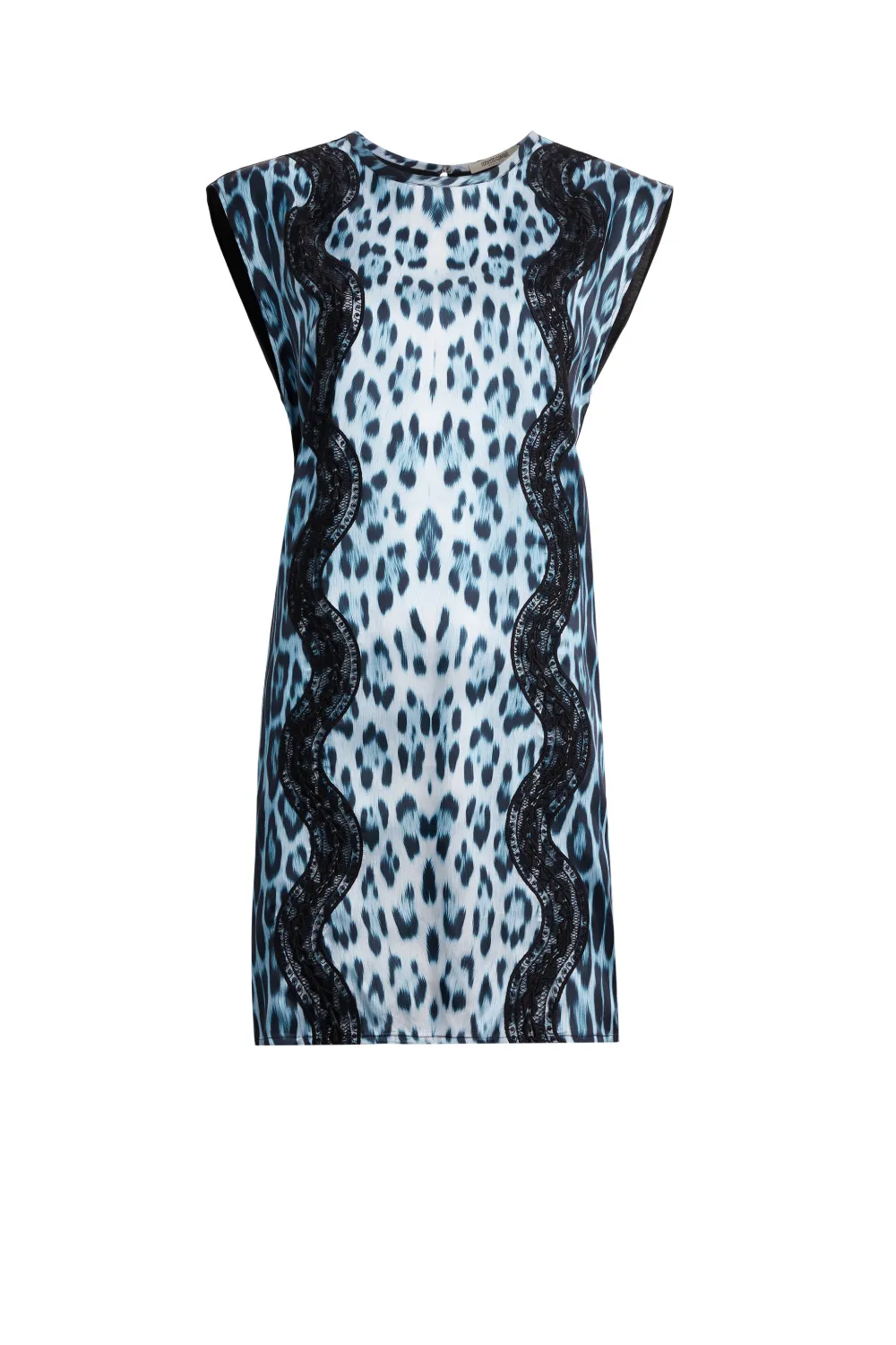 Click to view more detailed imagery on our partner's website Roberto Cavalli Heritage Jaguar Print Dress With Lace In Blue