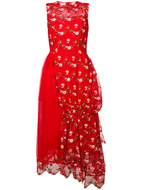 Click to view more detailed imagery on our partner's website Simone Rocha Sleeveless Floral Embroidered Tulle Dress In 0282 Red/Multi