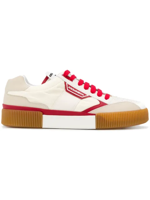 Click to view more detailed imagery on our partner's website Dolce & Gabbana Miami Sneakers In Fabric And Nappaired Calfskin In 8L941 Latte/Rosso