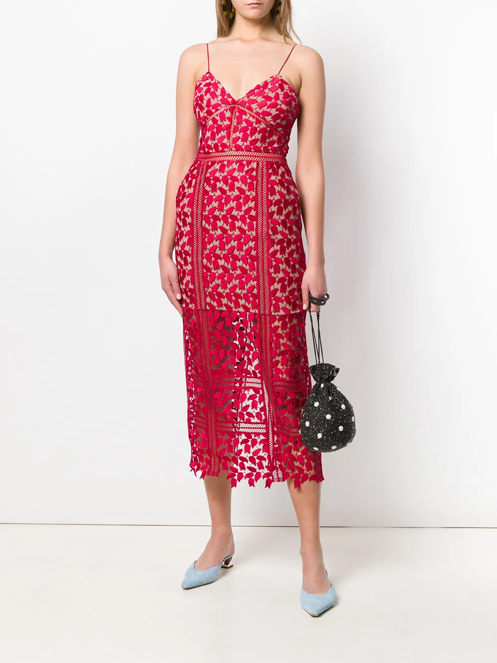 self portrait red embroidered midi dress