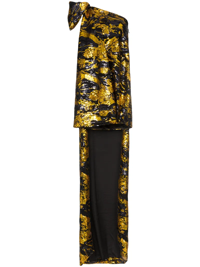 Halpern Dresses HALPERN SEQUINNED ONE-SHOULDER LONG-TRAIN DRESS - GOLD