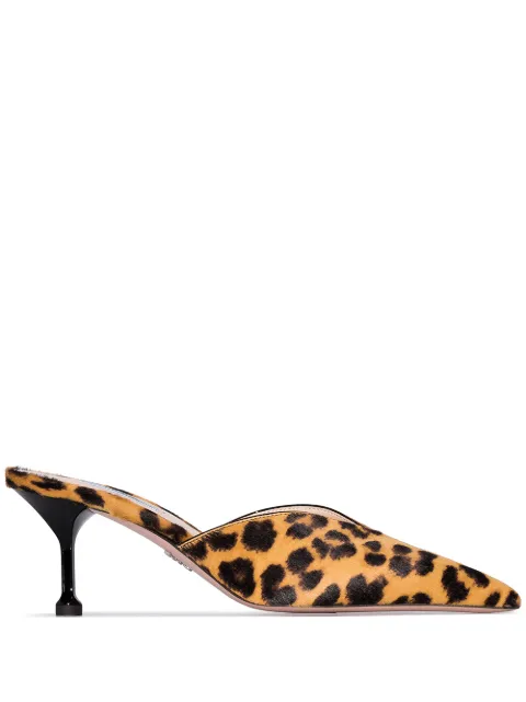 Click to view more detailed imagery on our partner's website Prada V'D-Throat Leopard-Print Calf Hair Mules - Miele, Moro In Brown