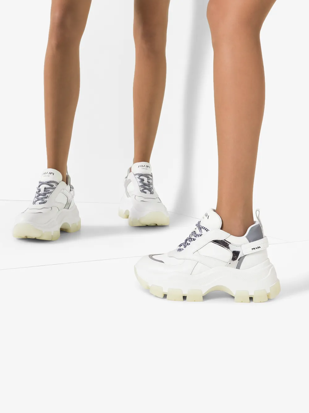 Prada Pegasus Metallic-Paneled Leather And Canvas Sneakers In White