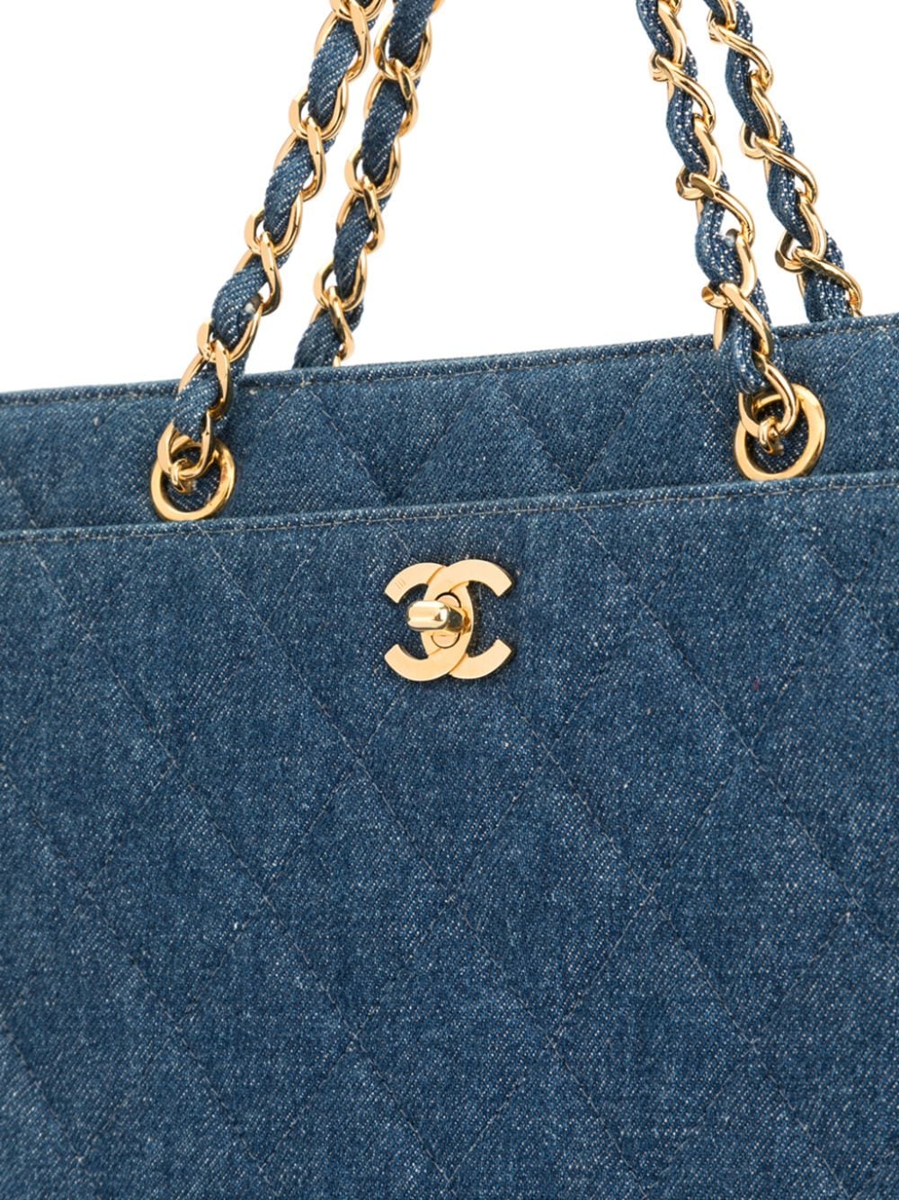 Vintage CHANEL CC Logo Monogram DENIM Fabric Handbag Tote 