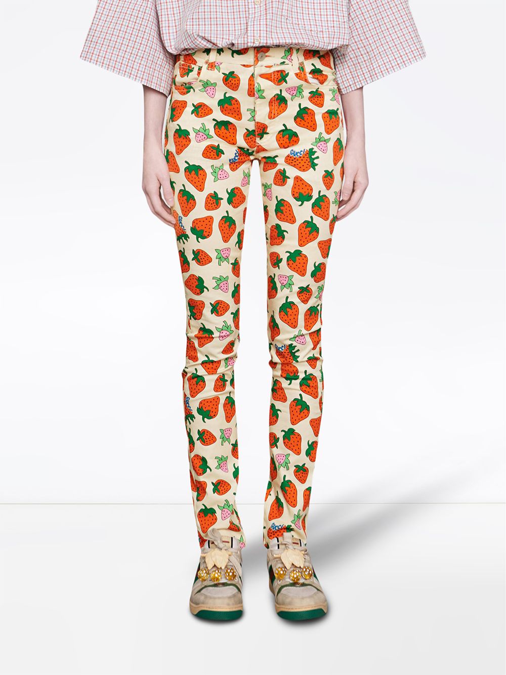 фото Gucci брюки скинни с принтом gucci strawberry