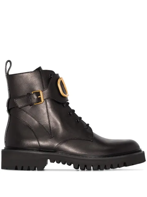 Click to view more detailed imagery on our partner's website Valentino 'Vlogo' Buckle Leather Combat Boots In Black