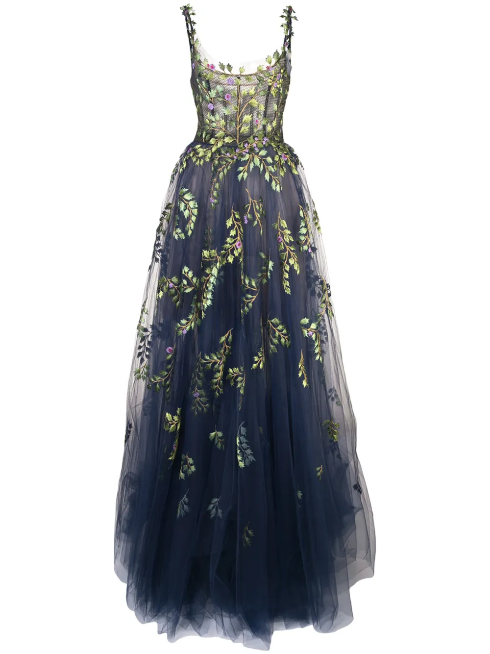 Oscar De La Renta Tops OSCAR DE LA RENTA STRUCTURED GOWN WITH BOTANICAL EMBROIDERY - BLUE