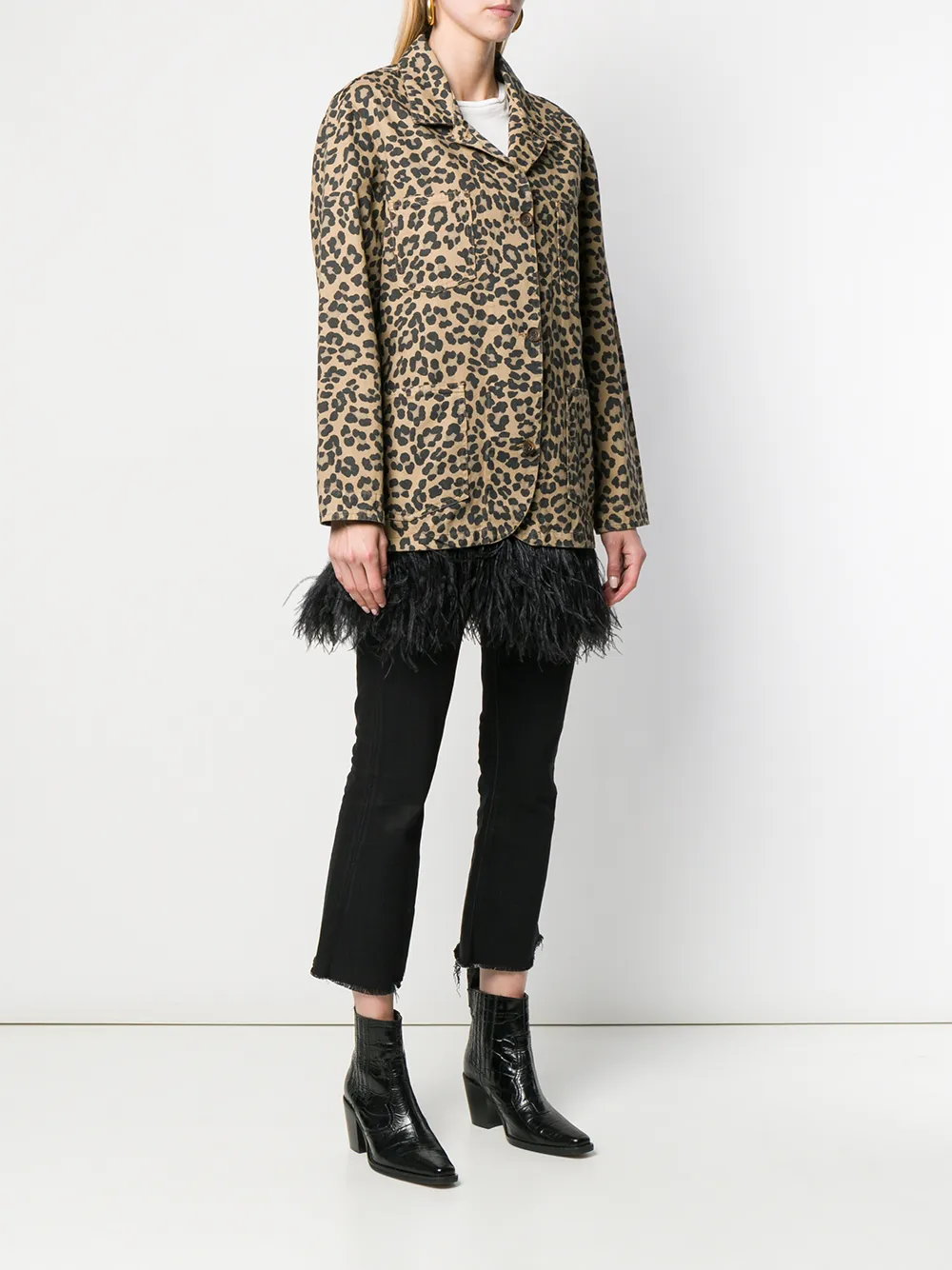  Simonetta Ravizza Feather Trim Leopard Print Coat - Neutrals 