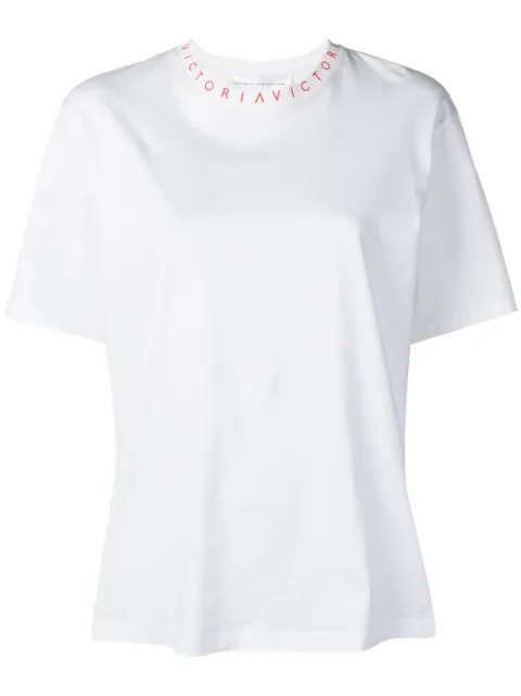 Click to view more detailed imagery on our partner's website Victoria Victoria Beckham Logo Print Neck T-Shirt In White/Sunset Logo