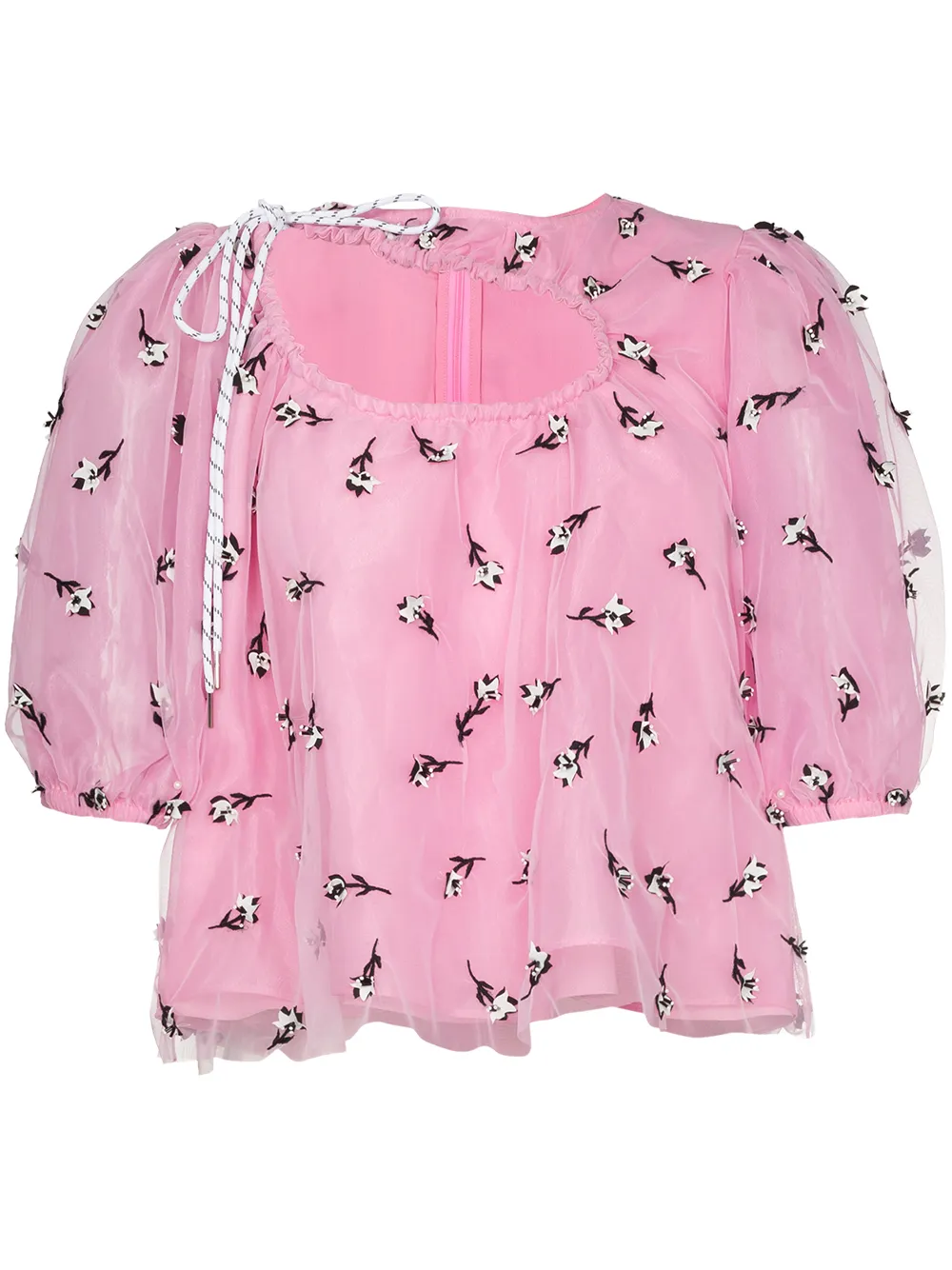 Ganni Tops GANNI CUT-OUT FLORAL TULLE BLOUSE - PINK