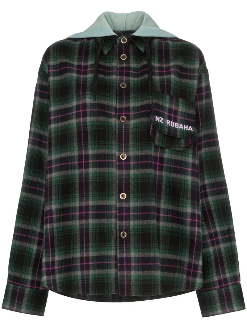 Natasha Zinko T-shirts NATASHA ZINKO CHECK HOODED SHIRT - GREEN