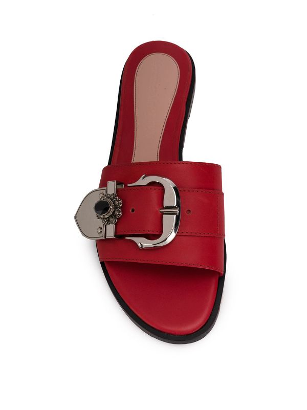 red buckle sandals