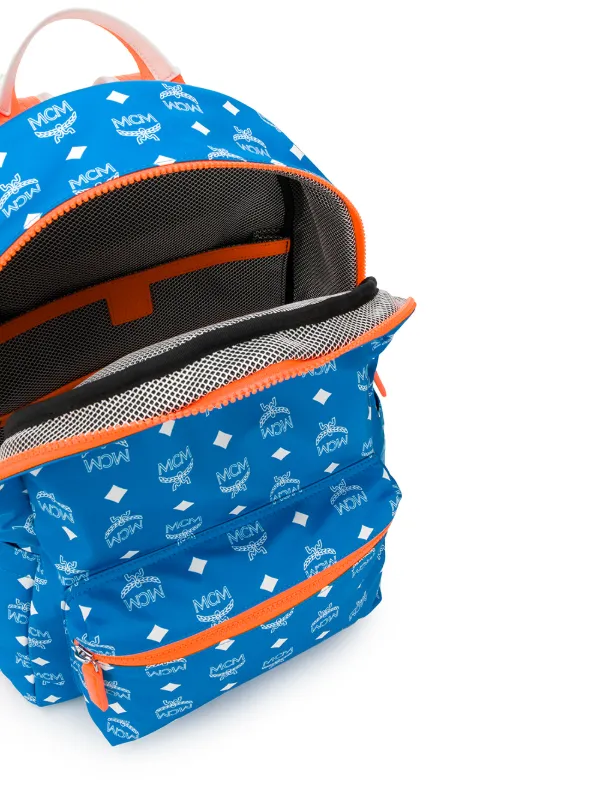 blue and orange mcm backpack