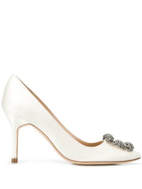 Click to view more detailed imagery on our partner's website Manolo Blahnik 'hangisi' Swarovski Crystal Brooch Silk Satin Pumps In Grey