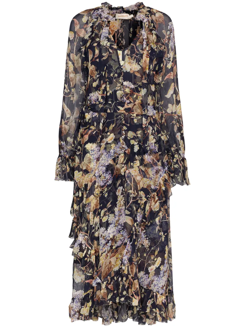 Zimmermann Dresses ZIMMERMANN MIDNIGHT WISTERIA FLORAL PRINT MIDI DRESS - BLUE