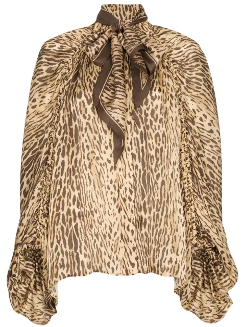 Zimmermann Tops ZIMMERMANN PUSSY-BOW ANIMAL PRINT BLOUSE - BROWN