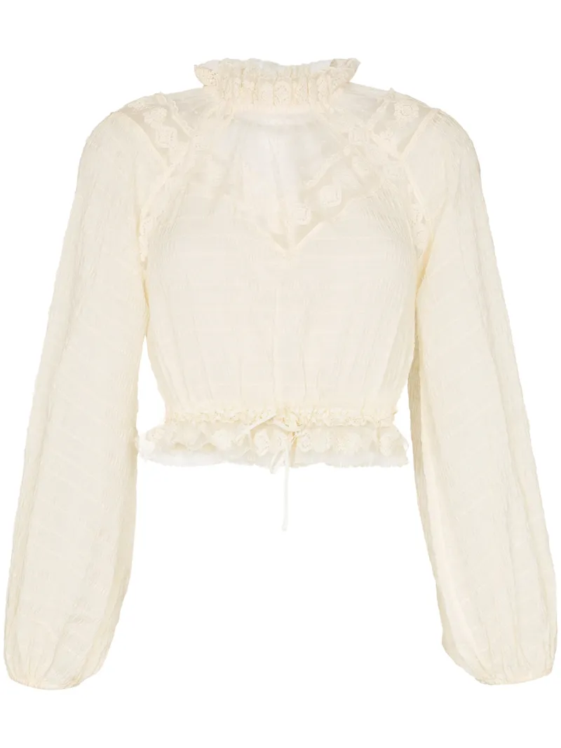 Zimmermann Tops ZIMMERMANN HIGH-NECK RUFFLE CHIFFON BLOUSE - NEUTRALS