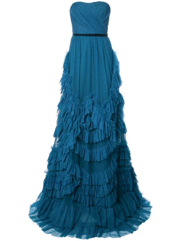 marchesa notte blue bird lace dress