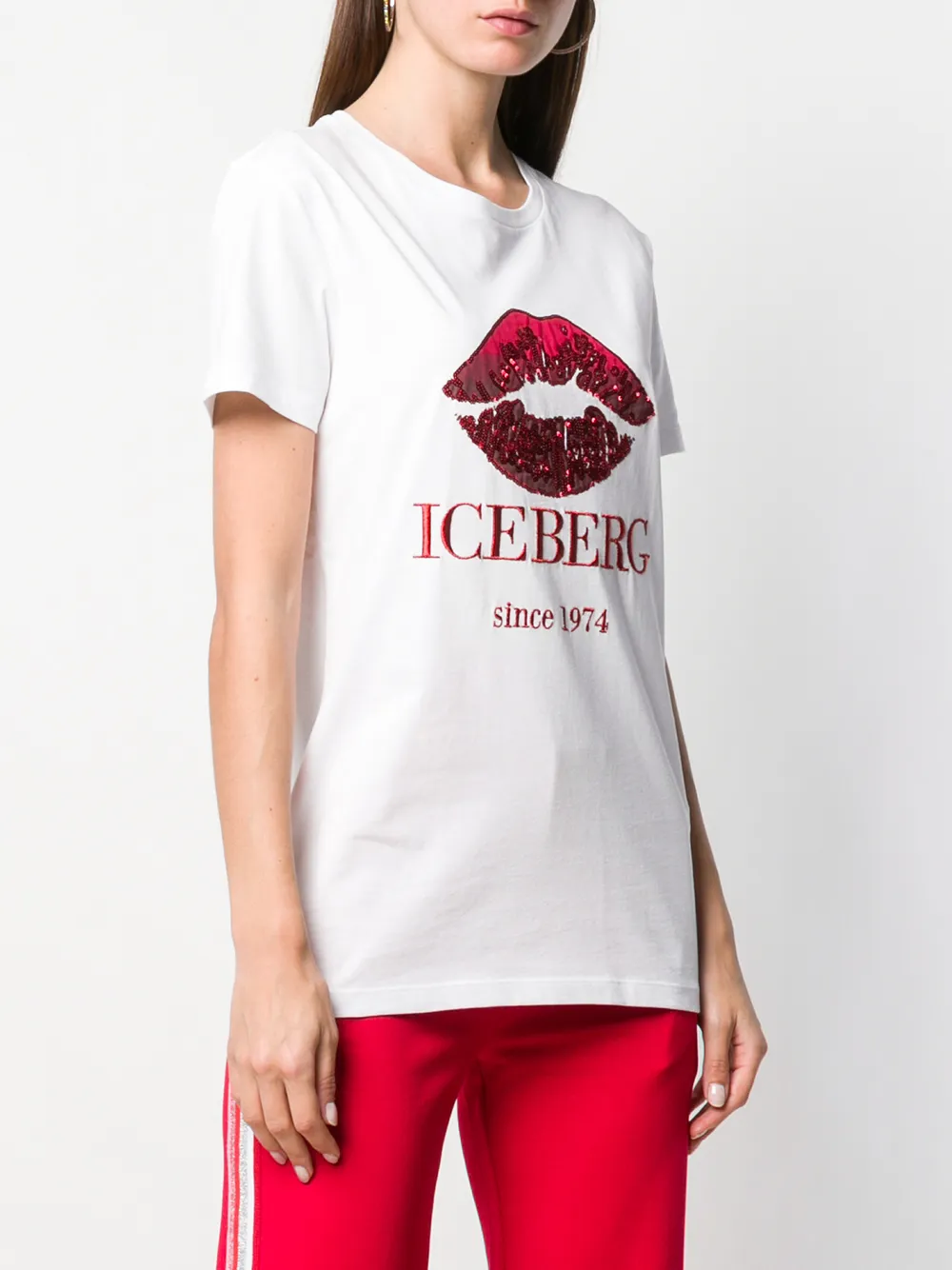  Iceberg T Shirt Mit Pailletten Logo   Weiß 