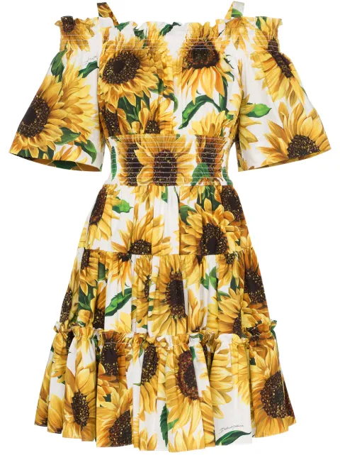 Click to view more detailed imagery on our partner's website Dolce & Gabbana Cold-shoulder Tiered Floral-print Cotton-poplin Mini Dress In Hahh9 Multicoloured
