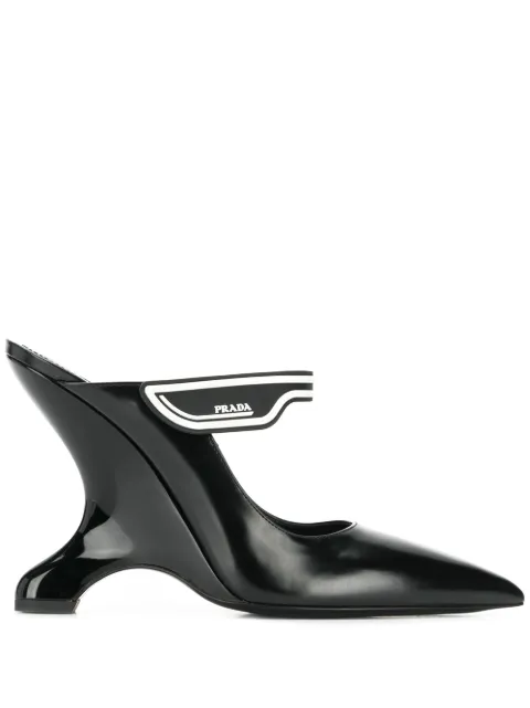 Click to view more detailed imagery on our partner's website Prada 110Mm Logo Strap Brushed Leather Mules In F0002 Nero