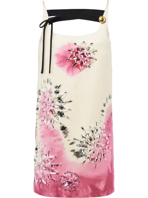 Click to view more detailed imagery on our partner's website Prada Embellished Tie-dye Silk-satin Mini Dress In F0ypd White/pink/ Black