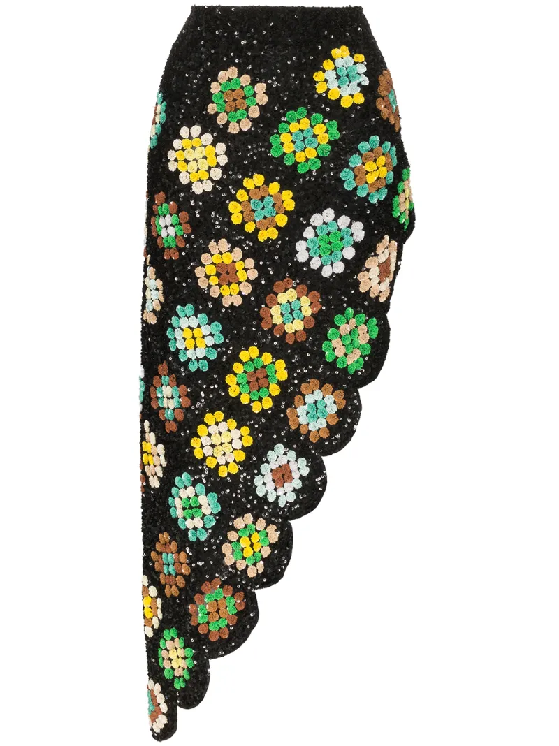 Ashish Skirts ASHISH PATCHWORK CROCHET ASYMMETRIC SKIRT - MULTICOLOUR