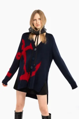 Anchor intarsia knit cardigan in blue 