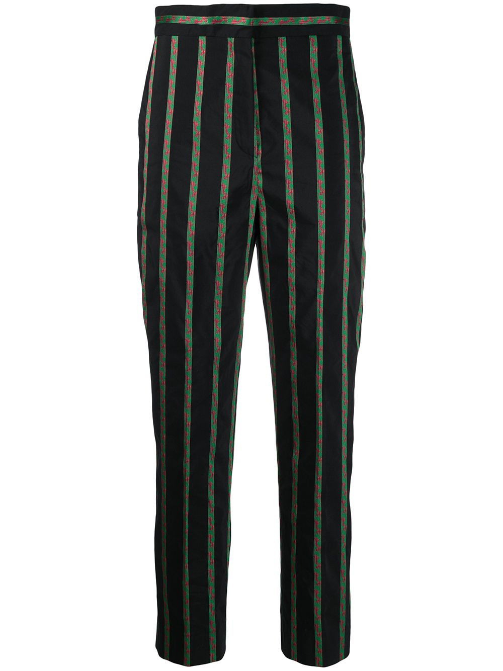 green and black striped trousers