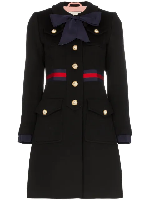 Gucci Black Wool Coat With Bow In Blue