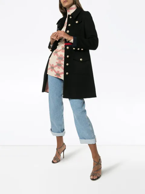 Gucci Black Wool Coat With Bow In Blue