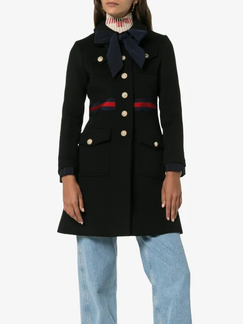 Gucci Black Wool Coat With Bow In Blue