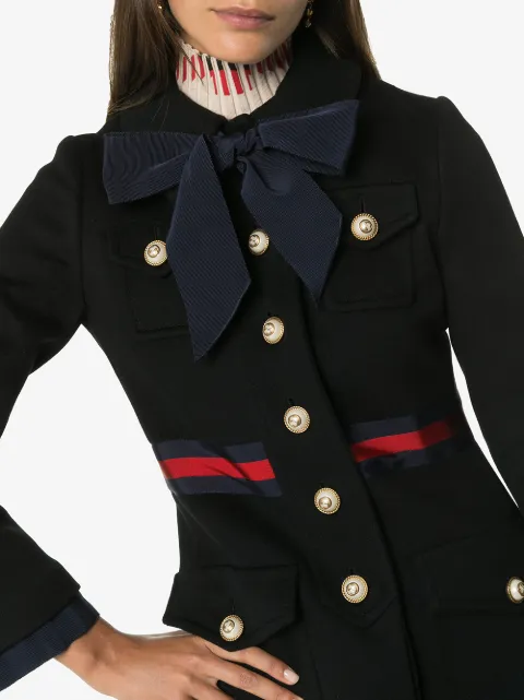 Gucci Black Wool Coat With Bow In Blue