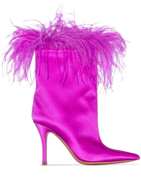 Click to view more detailed imagery on our partner's website Amina Muaddi Pink Nakia Plume 95 Satin Boots In Sm000 Fuxia