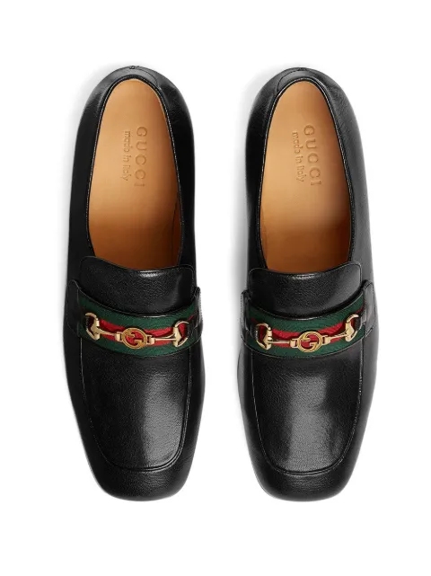 Gucci Bonny Horsebit Collapsible-Heel Webbing-Trimmed Full-Grain Leather Loafers In Black
